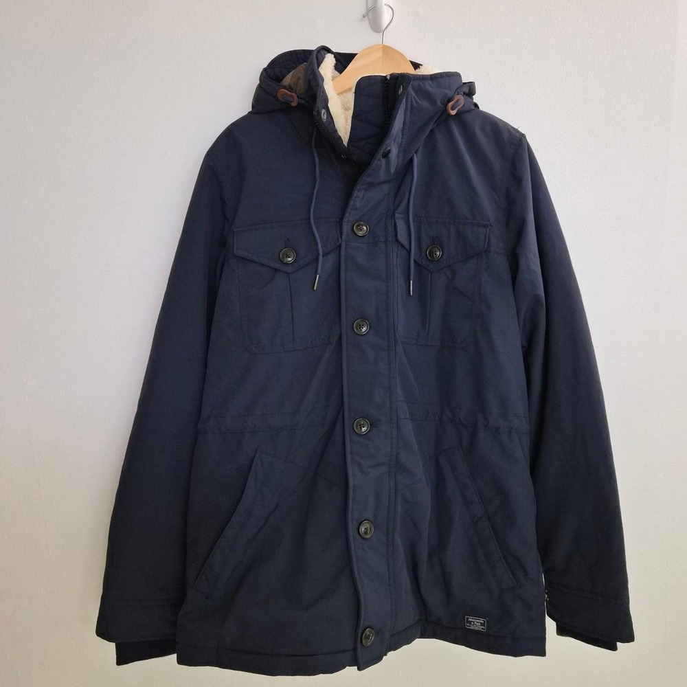 Abercrombie & Fitch Sherpa Lined Hooded Parka Jacket Navy Blue Camo Size L